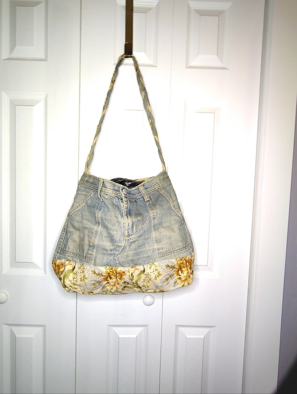 Upcycled Denim Jeans Shoulder Tote Bag with Yellow Floral Trim